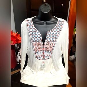 Democracy Women's Embroidered Top Boho Lagenlook Cottage Core Size M White Multi